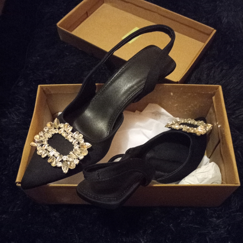 Black rhinestone crystal low heels satin slingback shoes.